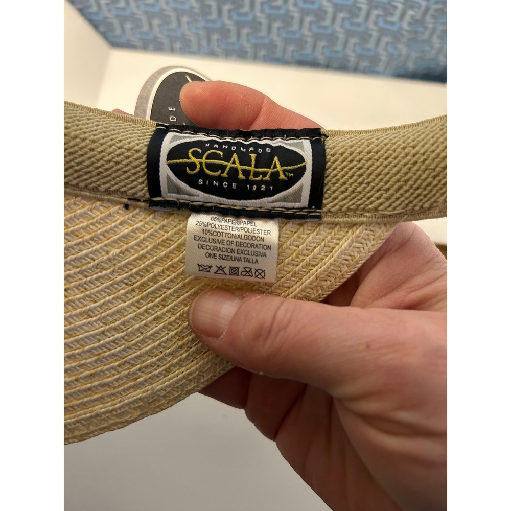 Scala Handmade Paper Straw Visor Tan White Clip On Sun Hat One Size NWT - Picture 5 of 10